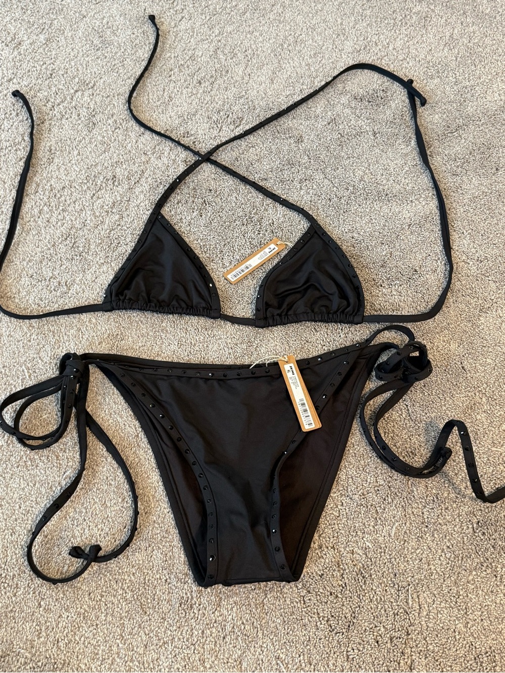 NWT SKIMS Rhinestone Swim Bikini Set Onyx Black L Top XL Bottom
